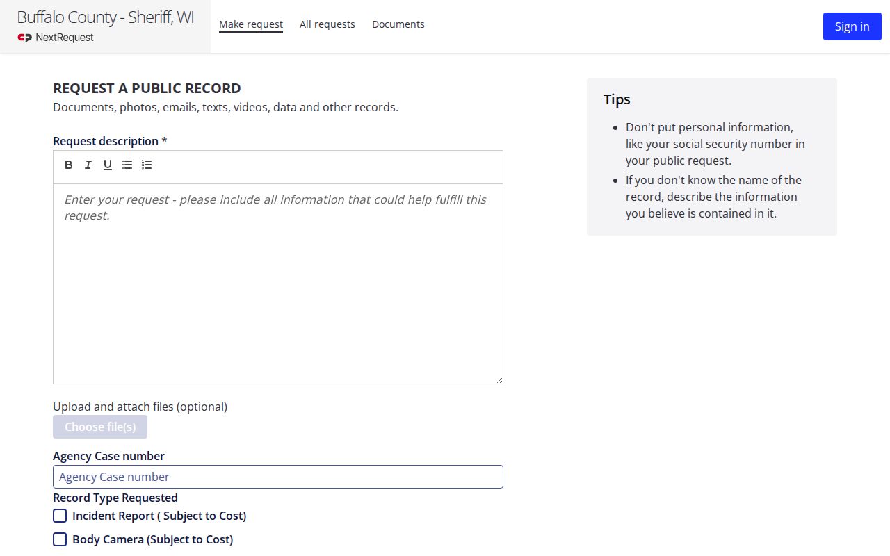 Buffalo County arrest lookup Sheriff NextRequest form