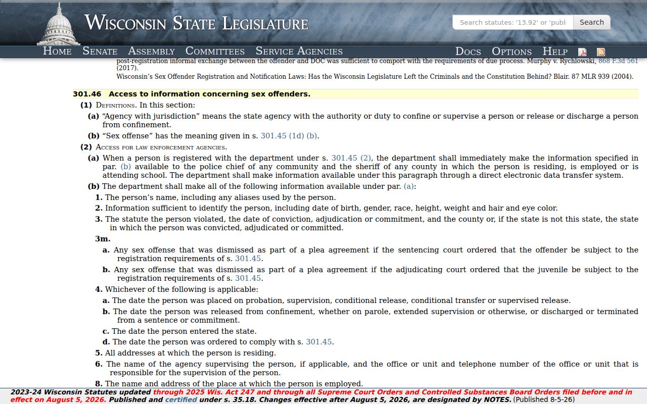 Wisconsin community notification law for Buffalo County registry searches
