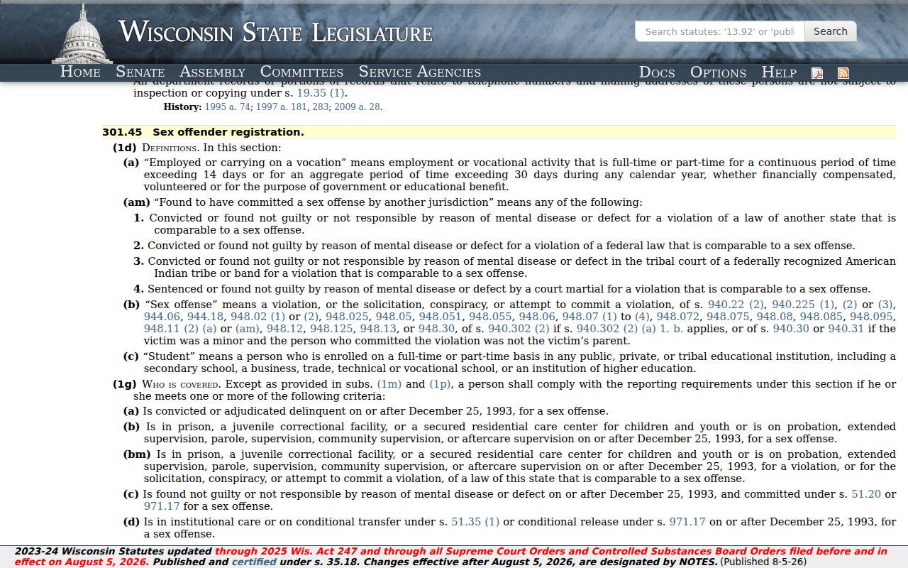 Wisconsin registration law for Buffalo County sex offender records