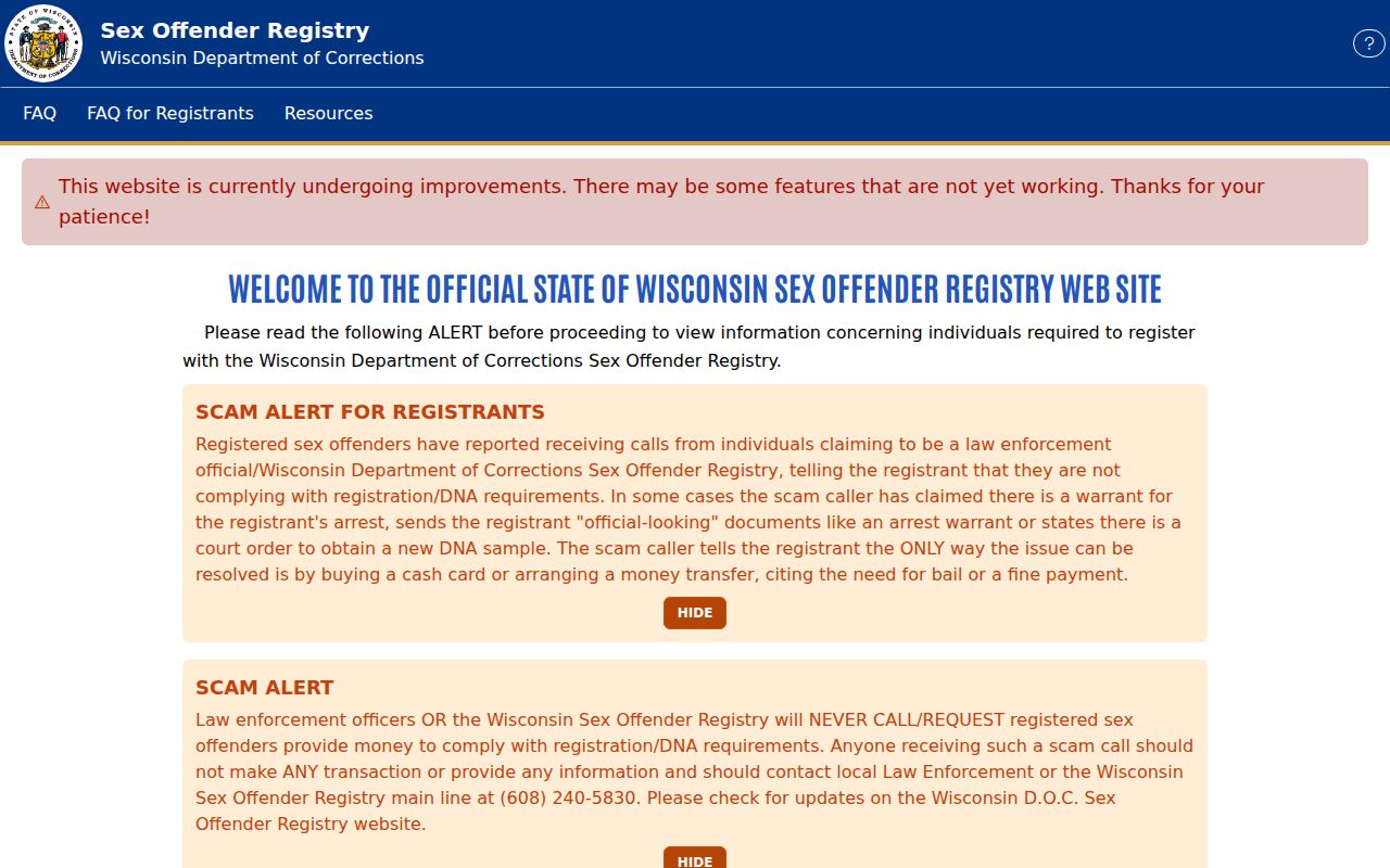 Wisconsin registry fields for a Buffalo County sex offender search