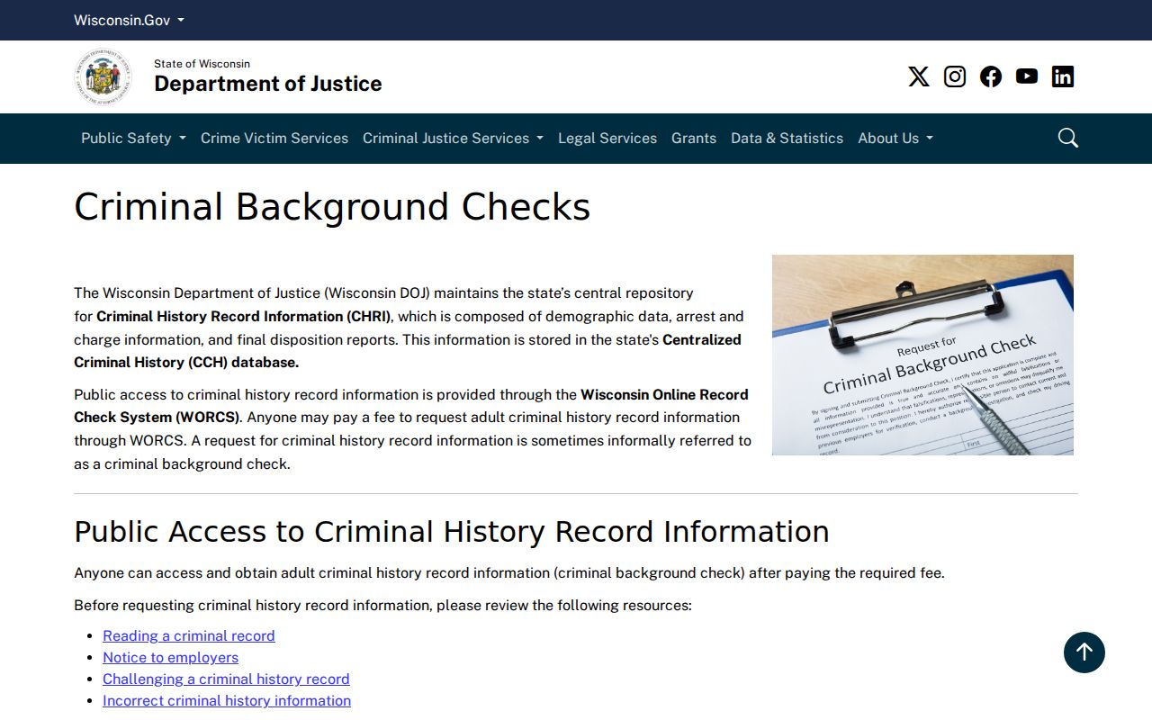 Buffalo County criminal history Wisconsin DOJ background check page